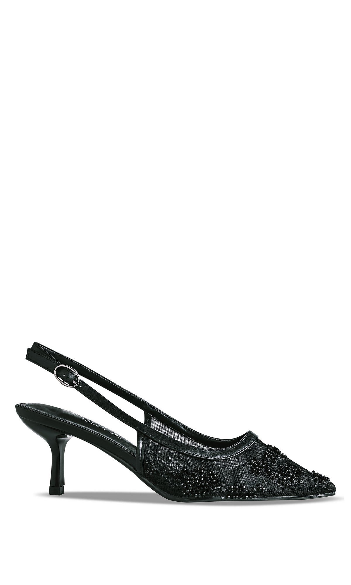 The Tori Black Prom Shoes (Touch Ups 4753) feature a pointed toe, mesh upper, floral lace details, and beaded embroidery—an elegant slingback kitten heel perfect for proms or special occasions.